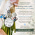 A bouquet charm being held by a hand, featuring a round silver-toned pendant with black script reading 'Missing You I walk down the aisle,' a small photo charm, a silver heart-shaped charm, blue beads, and green stems. The right side contains promotional text about a customizable bouquet charm service.