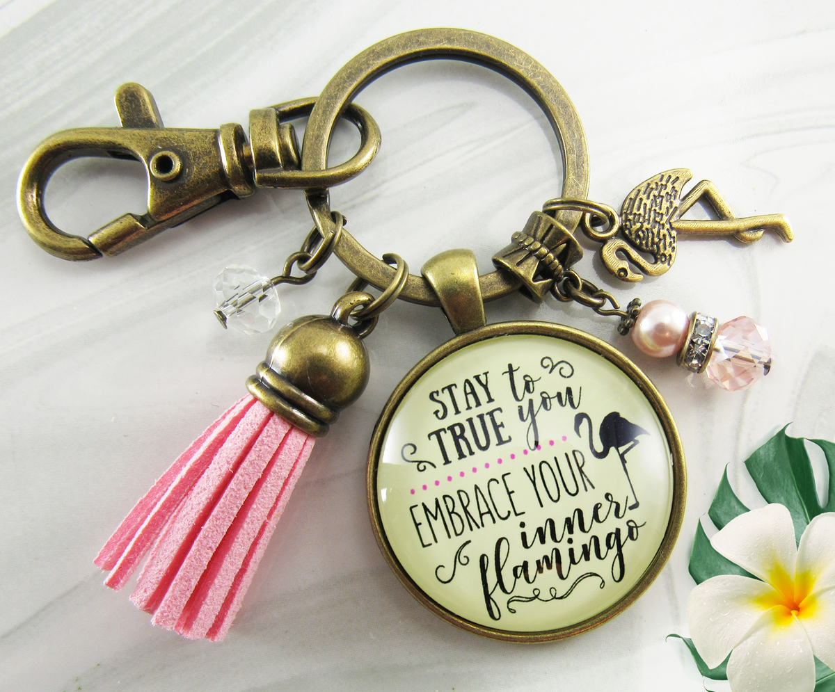 Flamingo Keychain Stay True To You Quote Tropical Fun Jewelry Pink Tassel Charm - Gutsy Goodness Handmade Jewelry