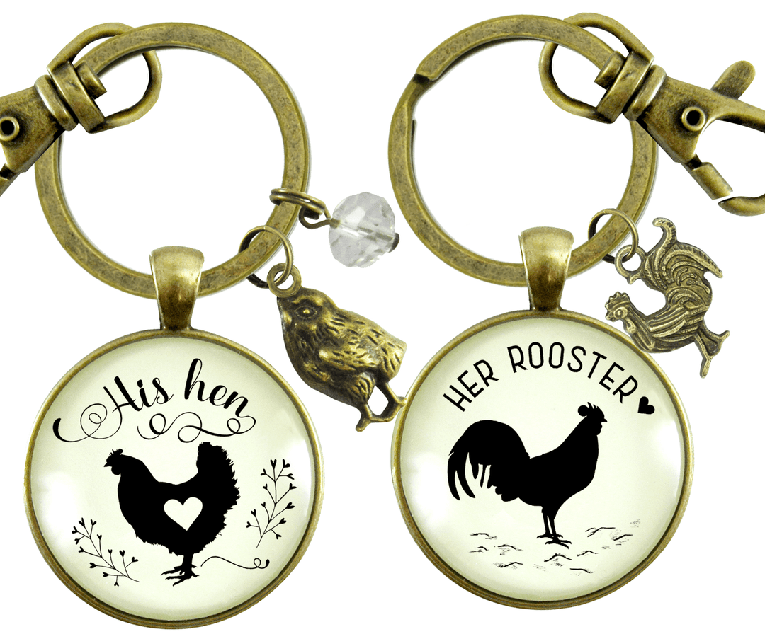 His Hen Her Rooster Keychain Set For Chicken Family Vintage Inspired Jewlery