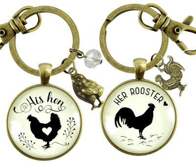 His Hen Her Rooster Keychain Set For Chicken Family Vintage Inspired Jewlery - Gutsy Goodness Handmade Jewelry