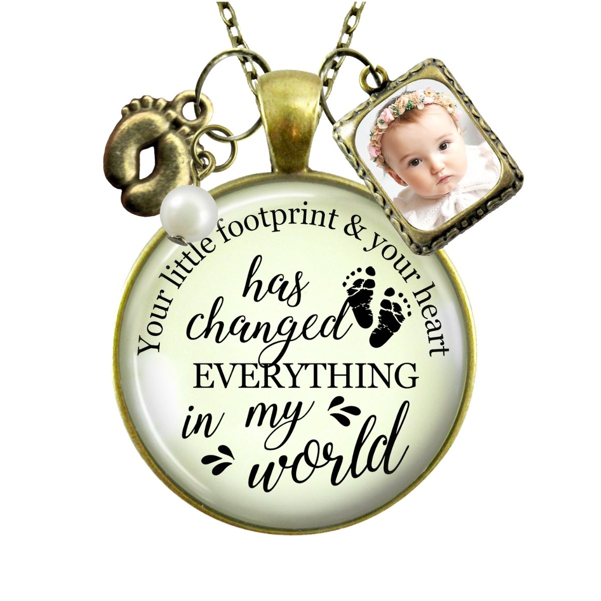 Handmade Gutsy Goodness Jewelry New Mom Necklace Your Little Footprint Gift Baby Feet & Photo Frame Charm, DIY Picture