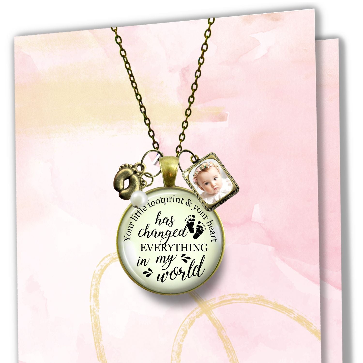 Handmade Gutsy Goodness Jewelry New Mom Necklace Your Little Footprint Gift Baby Feet & Photo Frame Charm, DIY Picture