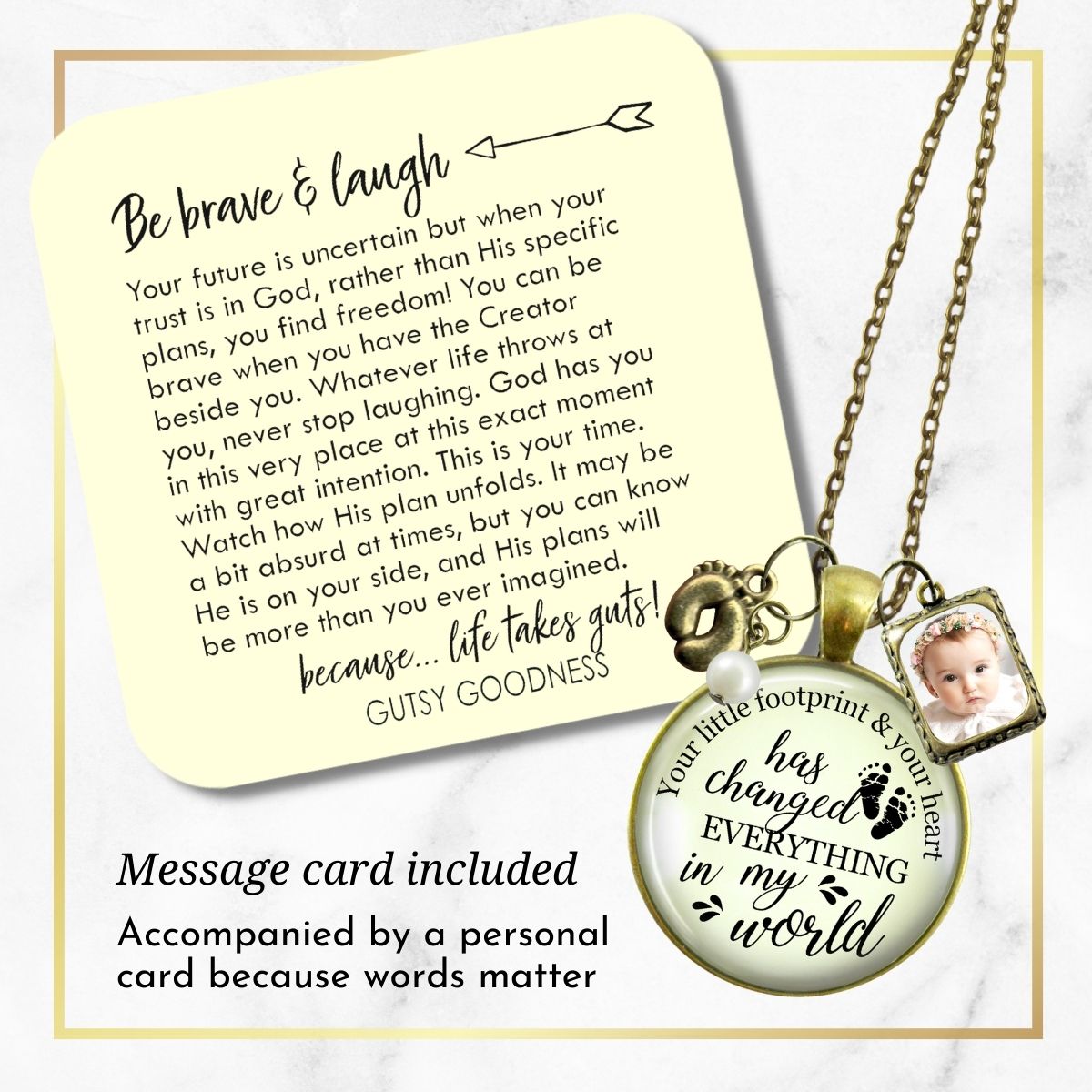 Handmade Gutsy Goodness Jewelry New Mom Necklace Your Little Footprint Gift Baby Feet & Photo Frame Charm, DIY Picture Template