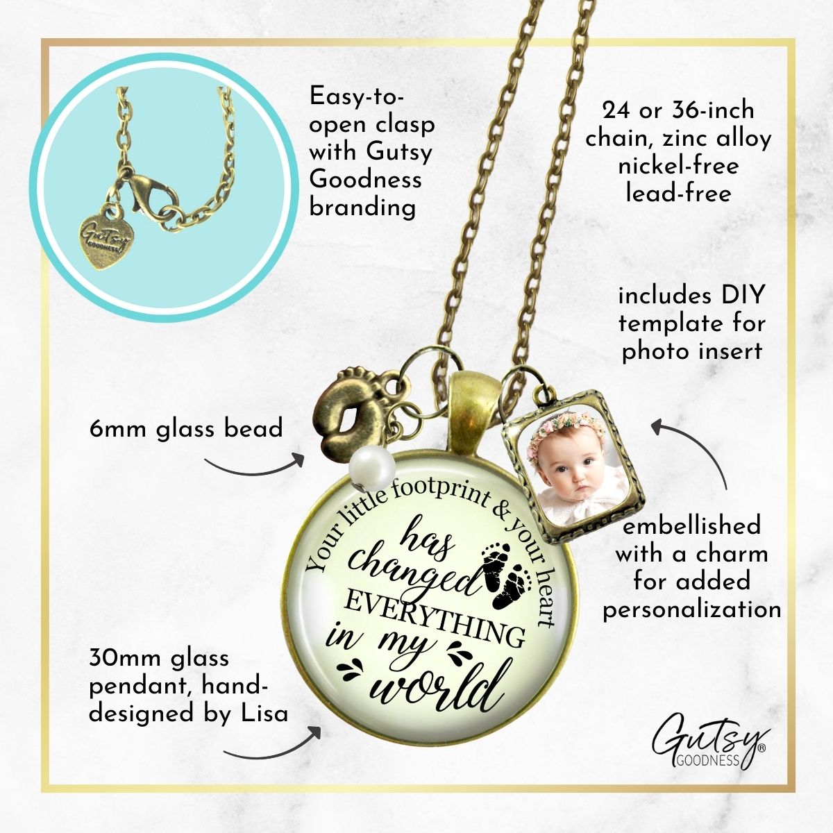 Handmade Gutsy Goodness Jewelry New Mom Necklace Your Little Footprint Gift Baby Feet & Photo Frame Charm, DIY Picture