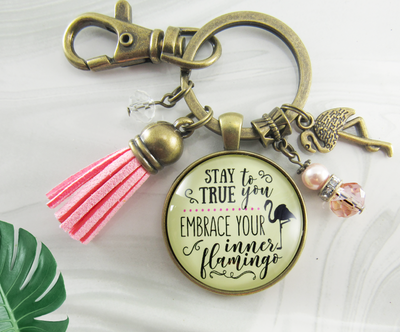 Flamingo Keychain Stay True To You Quote Tropical Fun Jewelry Pink Tassel Charm - Gutsy Goodness Handmade Jewelry