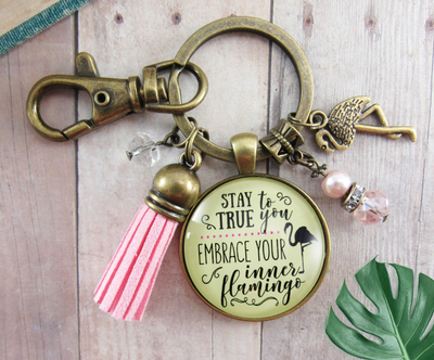 Flamingo Keychain Stay True To You Quote Tropical Fun Jewelry Pink Tassel Charm - Gutsy Goodness Handmade Jewelry