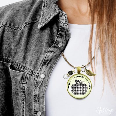 Buffalo Plaid Pumpkin Necklace Black And White Classic Boho Theme Autumn Print Pattern Pendant Fashion Jewelry For Women  Necklace - Gutsy Goodness Handmade Jewelry