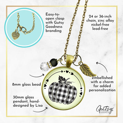 Buffalo Plaid Pumpkin Necklace Black And White Classic Boho Theme Autumn Print Pattern Pendant Fashion Jewelry For Women  Necklace - Gutsy Goodness Handmade Jewelry