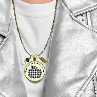 Buffalo Plaid Pumpkin Necklace Black And White Classic Boho Theme Autumn Print Pattern Pendant Fashion Jewelry For Women  Necklace - Gutsy Goodness Handmade Jewelry