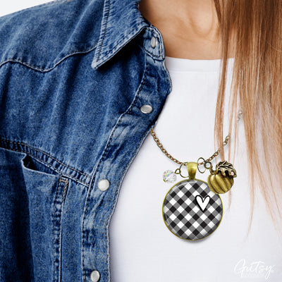 Buffalo Plaid Necklace Black And White Heart Classic Vintage Style Theme Pattern Pendant Boho Theme Fashion Jewelry  Necklace - Gutsy Goodness Handmade Jewelry
