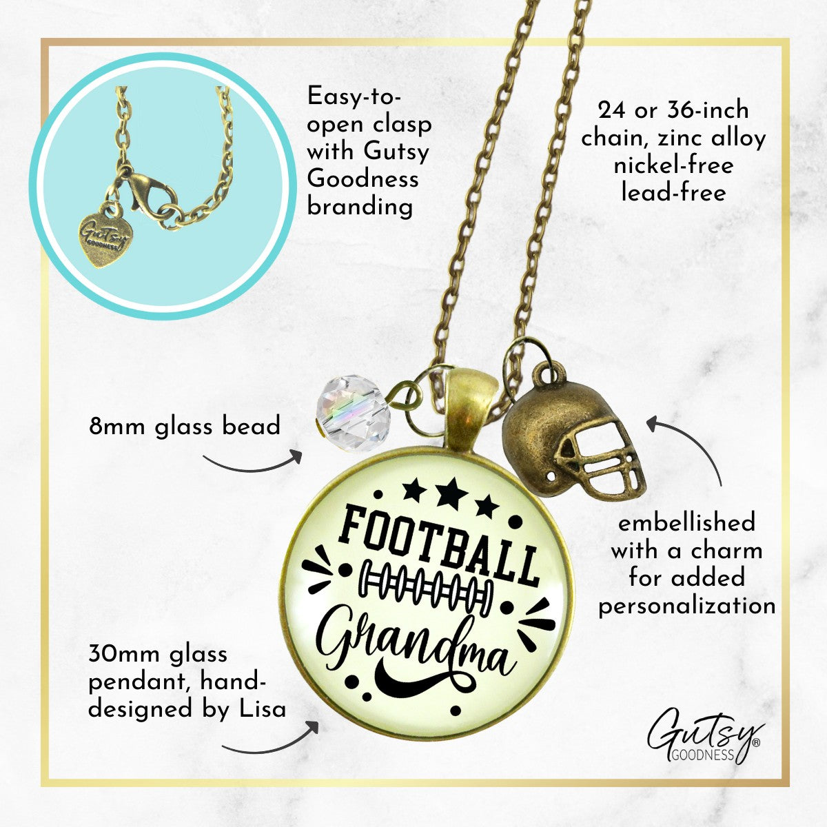 Football Grandma Necklace Favorite Player Proud of Grandson Gift Jewelry Sports Team Handmade Autumn Season Pendant Quote  Necklace - Gutsy Goodness Handmade Jewelry