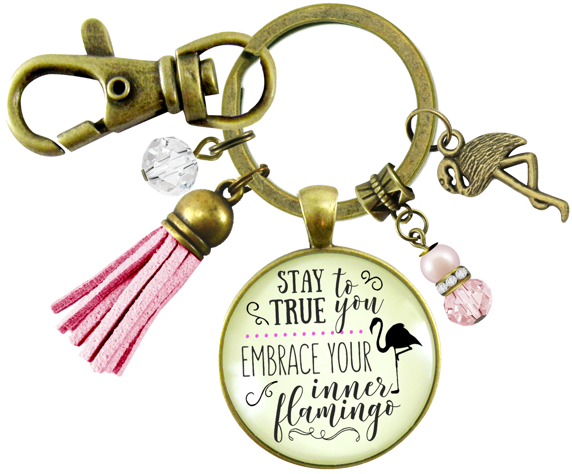 Flamingo Keychain Stay True To You Quote Tropical Fun Jewelry Pink Tassel Charm - Gutsy Goodness Handmade Jewelry