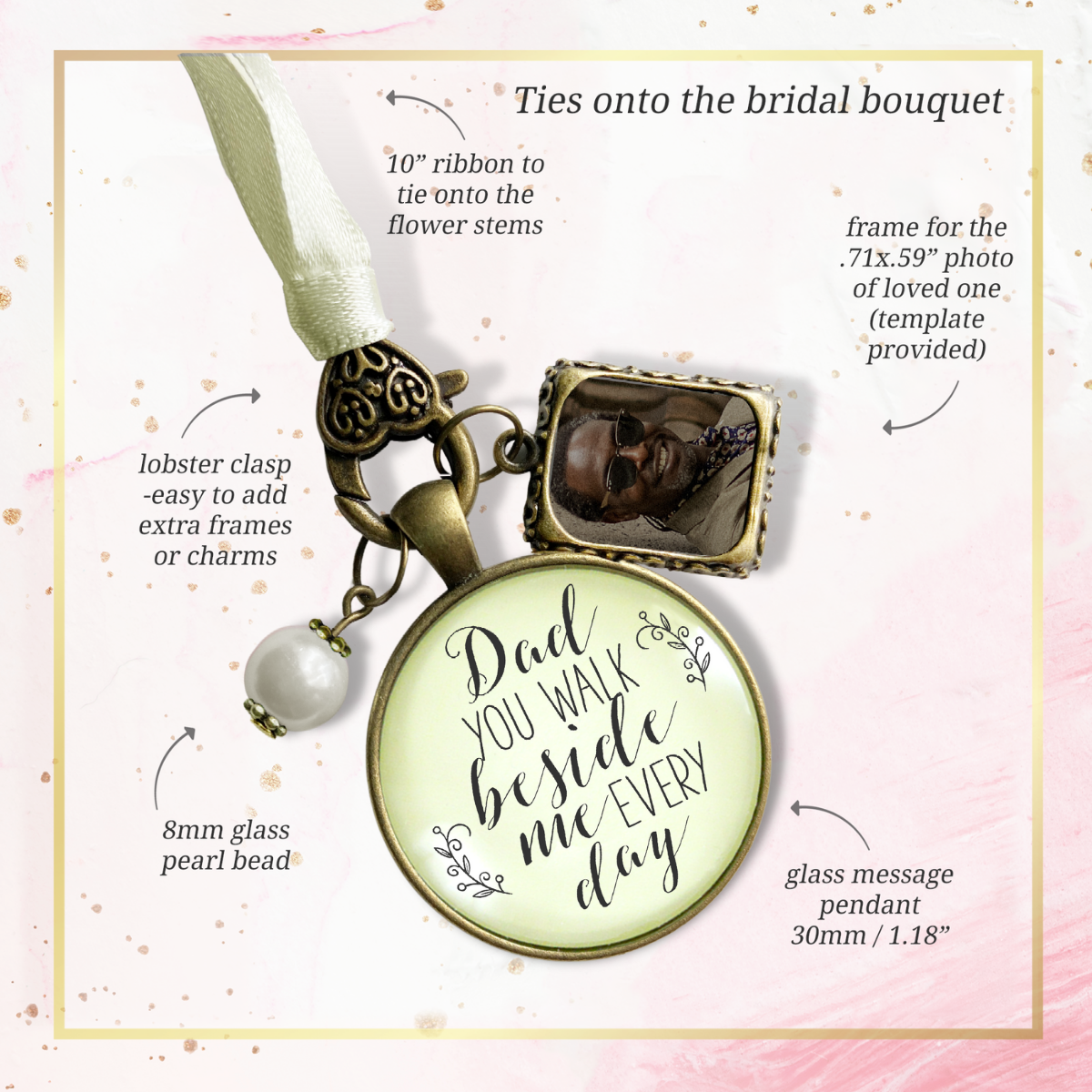 Bridal Bouquet Photo Charm Dad Beside Me Wedding Father Memorial Picture Frame Jewel  Necklace - Gutsy Goodness Handmade Jewelry