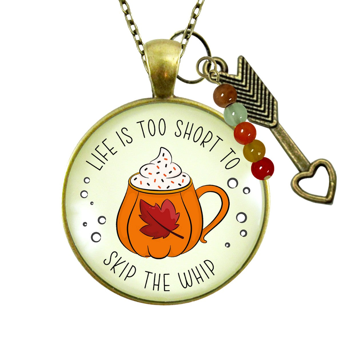 Pumpkin Spice Necklace Life is Too Short to Skip Whip Cream Autumn Quote Dessert Lover Leaf Mug Costume Fashion Jewelry For Women  Necklace - Gutsy Goodness Handmade Jewelry
