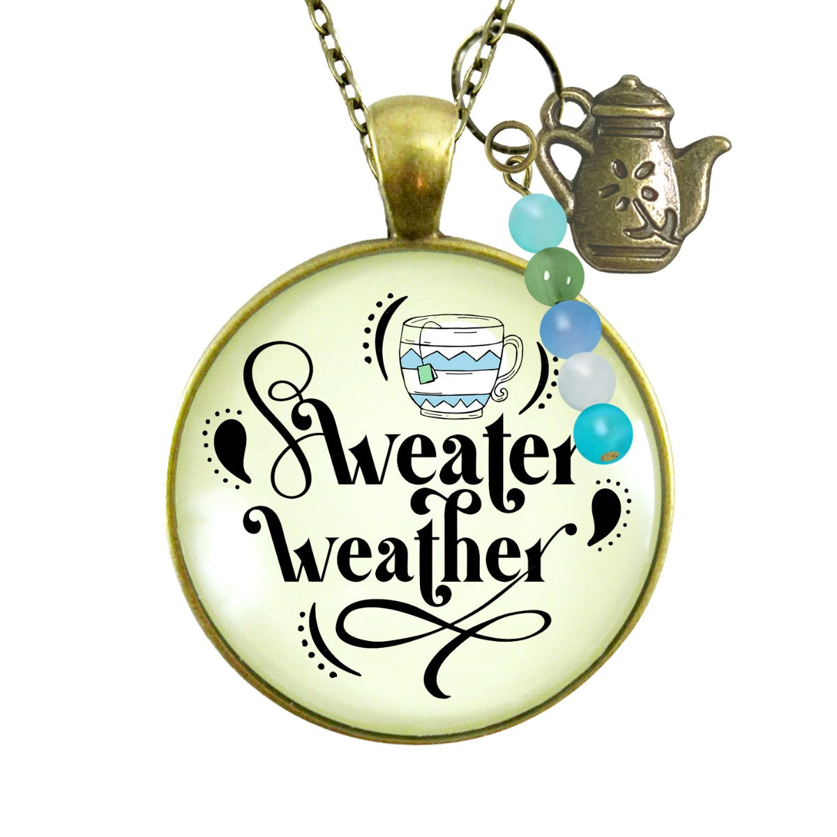 Sweater Weather Fall Fashion Necklace Light Blue Mug Autumn Season Theme Quote Pendant For Women  Necklace - Gutsy Goodness Handmade Jewelry