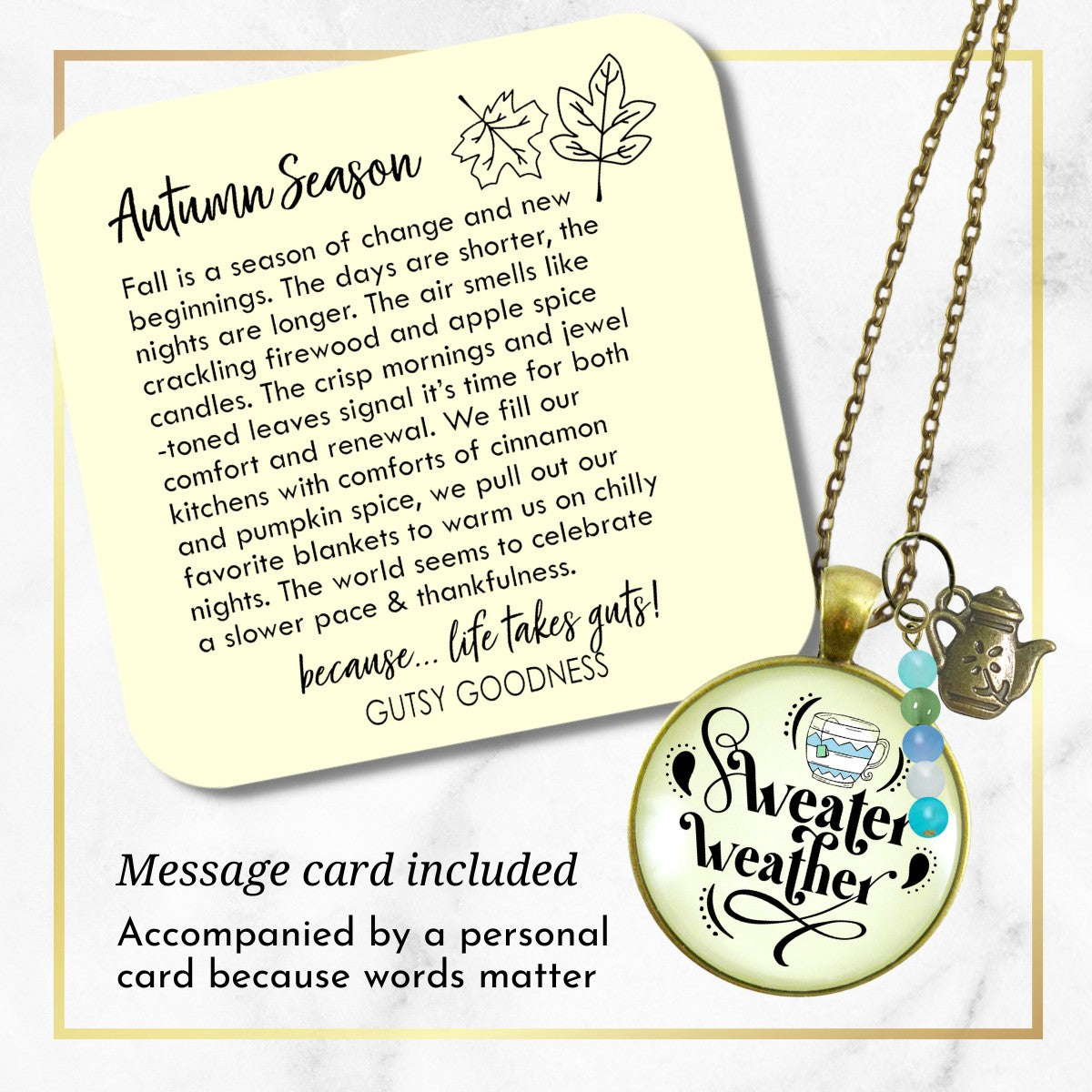 Sweater Weather Fall Fashion Necklace Light Blue Mug Autumn Season Theme Quote Pendant For Women  Necklace - Gutsy Goodness Handmade Jewelry