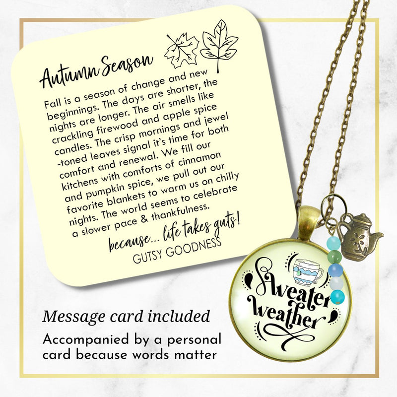 Sweater Weather Fall Fashion Necklace Light Blue Mug Autumn Season Theme Quote Pendant For Women  Necklace - Gutsy Goodness Handmade Jewelry