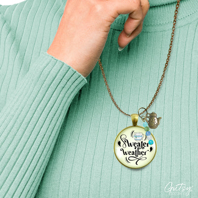 Sweater Weather Fall Fashion Necklace Light Blue Mug Autumn Season Theme Quote Pendant For Women  Necklace - Gutsy Goodness Handmade Jewelry