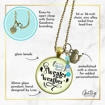 Sweater Weather Fall Fashion Necklace Light Blue Mug Autumn Season Theme Quote Pendant For Women  Necklace - Gutsy Goodness Handmade Jewelry