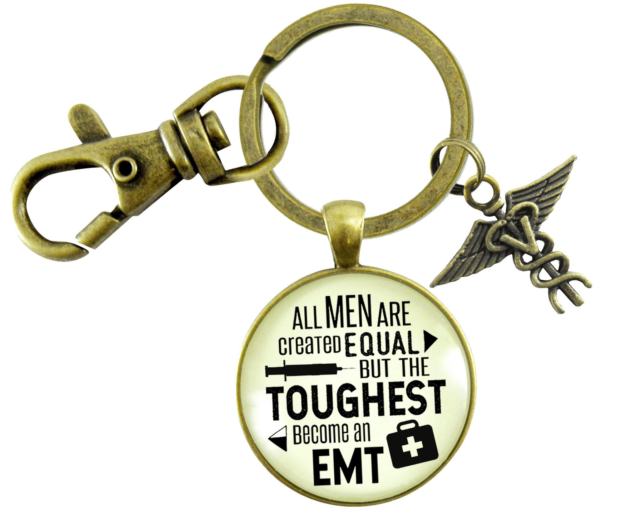 Mens EMT Keychain All Men Created Equal Toughest Become EMT Jewelry Gift Caduceus Charm - Gutsy Goodness Handmade Jewelry