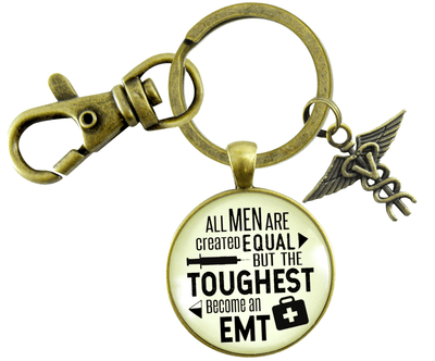 Mens EMT Keychain All Men Created Equal Toughest Become EMT Jewelry Gift Caduceus Charm - Gutsy Goodness Handmade Jewelry