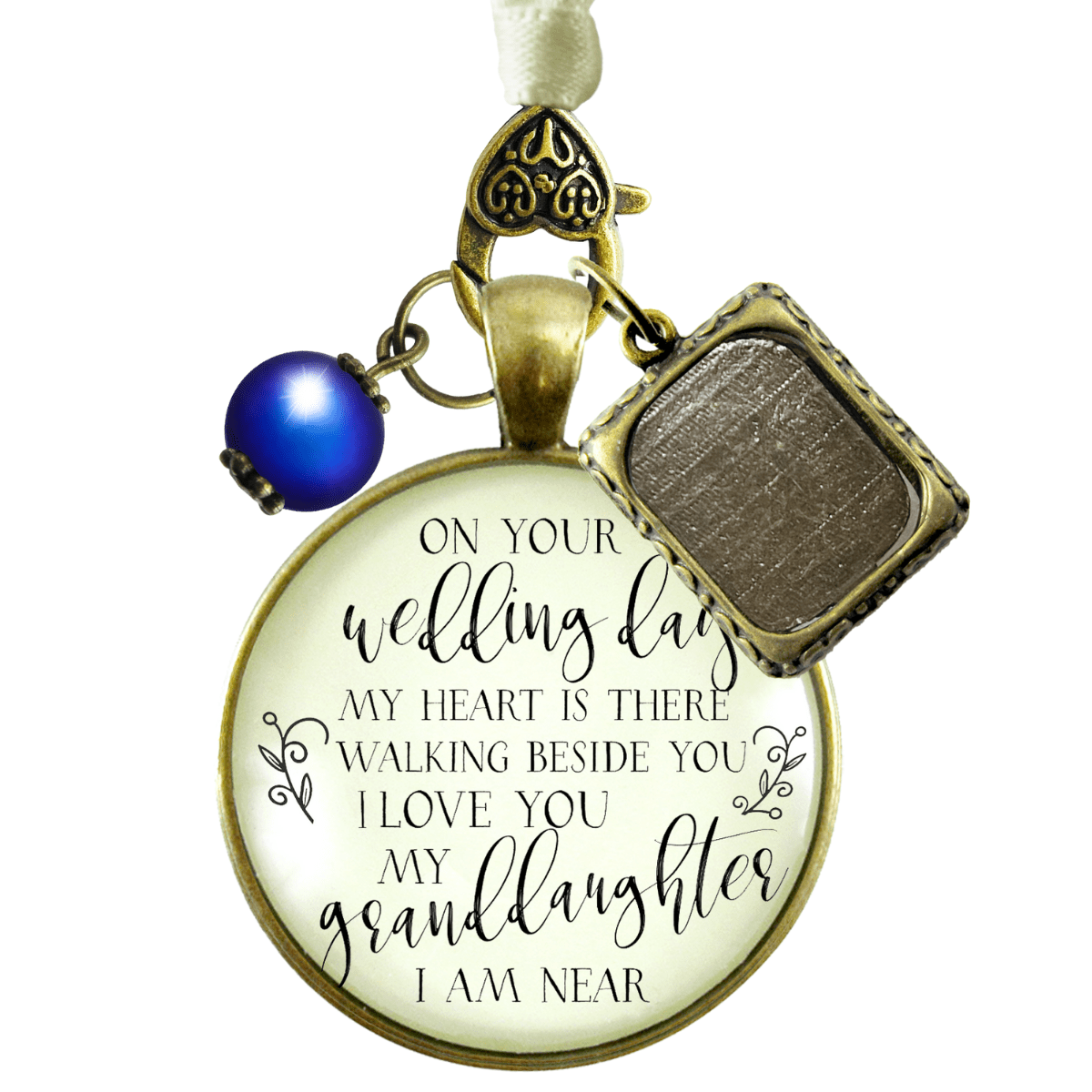 On Your Wedding Day MY Heart Is There Walking Beside You GRANDDAUGHTER | DESTINATION BRONZE - CREAM - BLUE BEAD
