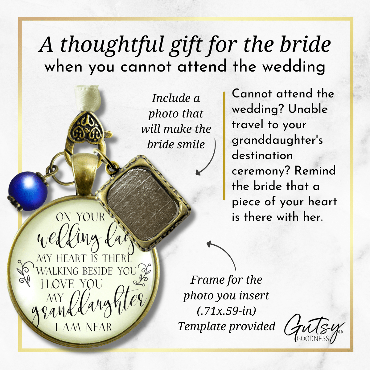 On Your Wedding Day MY Heart Is There Walking Beside You GRANDDAUGHTER | DESTINATION BRONZE - CREAM - BLUE BEAD