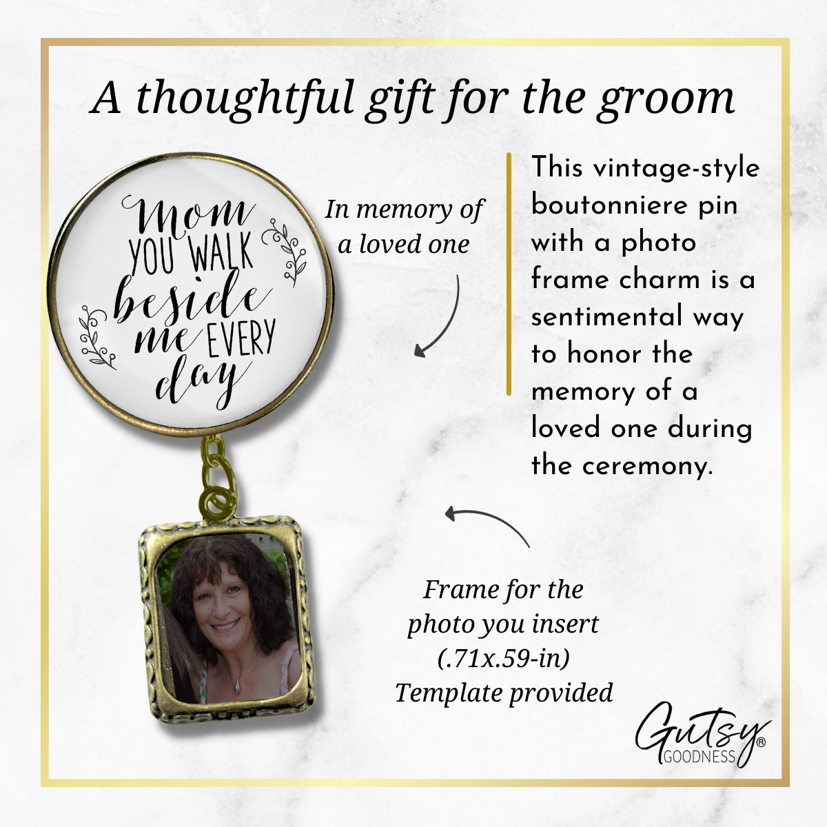 Wedding Memorial Boutonniere Pin Photo Frame Honor Mom Vintage White - Gutsy Goodness