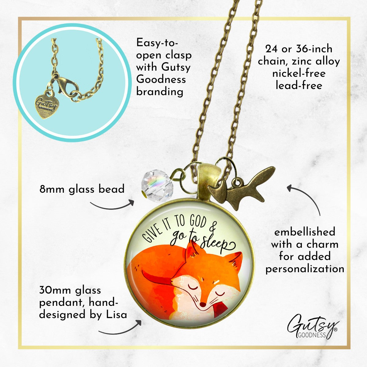 Fox Necklace Give It To God And Go To Sleep Cute Surrender Theme Quote Illustrated Pendant Faith Jewelry For Women  Necklace - Gutsy Goodness Handmade Jewelry