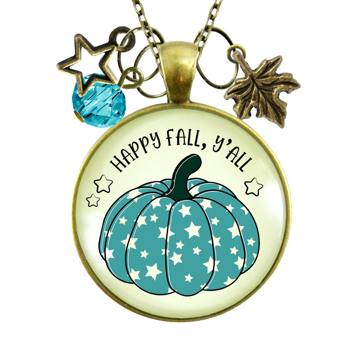 Happy Fall Y'All Necklace Teal Pumpkin Stars Autumn Fashion Costume Jewelry Message Card  Necklace - Gutsy Goodness Handmade Jewelry