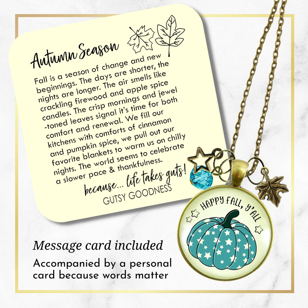 Happy Fall Y'All Necklace Teal Pumpkin Stars Autumn Fashion Costume Jewelry Message Card  Necklace - Gutsy Goodness Handmade Jewelry