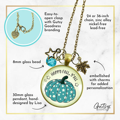 Happy Fall Y'All Necklace Teal Pumpkin Stars Autumn Fashion Costume Jewelry Message Card  Necklace - Gutsy Goodness Handmade Jewelry
