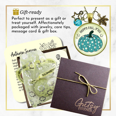 Happy Fall Y'All Necklace Teal Pumpkin Stars Autumn Fashion Costume Jewelry Message Card  Necklace - Gutsy Goodness Handmade Jewelry