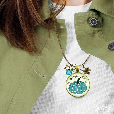 Happy Fall Y'All Necklace Teal Pumpkin Stars Autumn Fashion Costume Jewelry Message Card  Necklace - Gutsy Goodness Handmade Jewelry