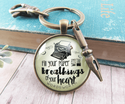Writing Keychain Fill Your Paper Style Woodsworth Literary Quote Typewriter Pendant Gift - Gutsy Goodness Handmade Jewelry