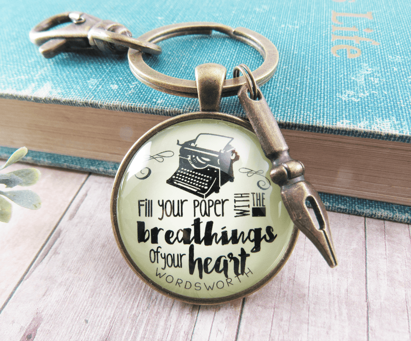 Writing Keychain Fill Your Paper Style Woodsworth Literary Quote Typewriter Pendant Gift - Gutsy Goodness Handmade Jewelry