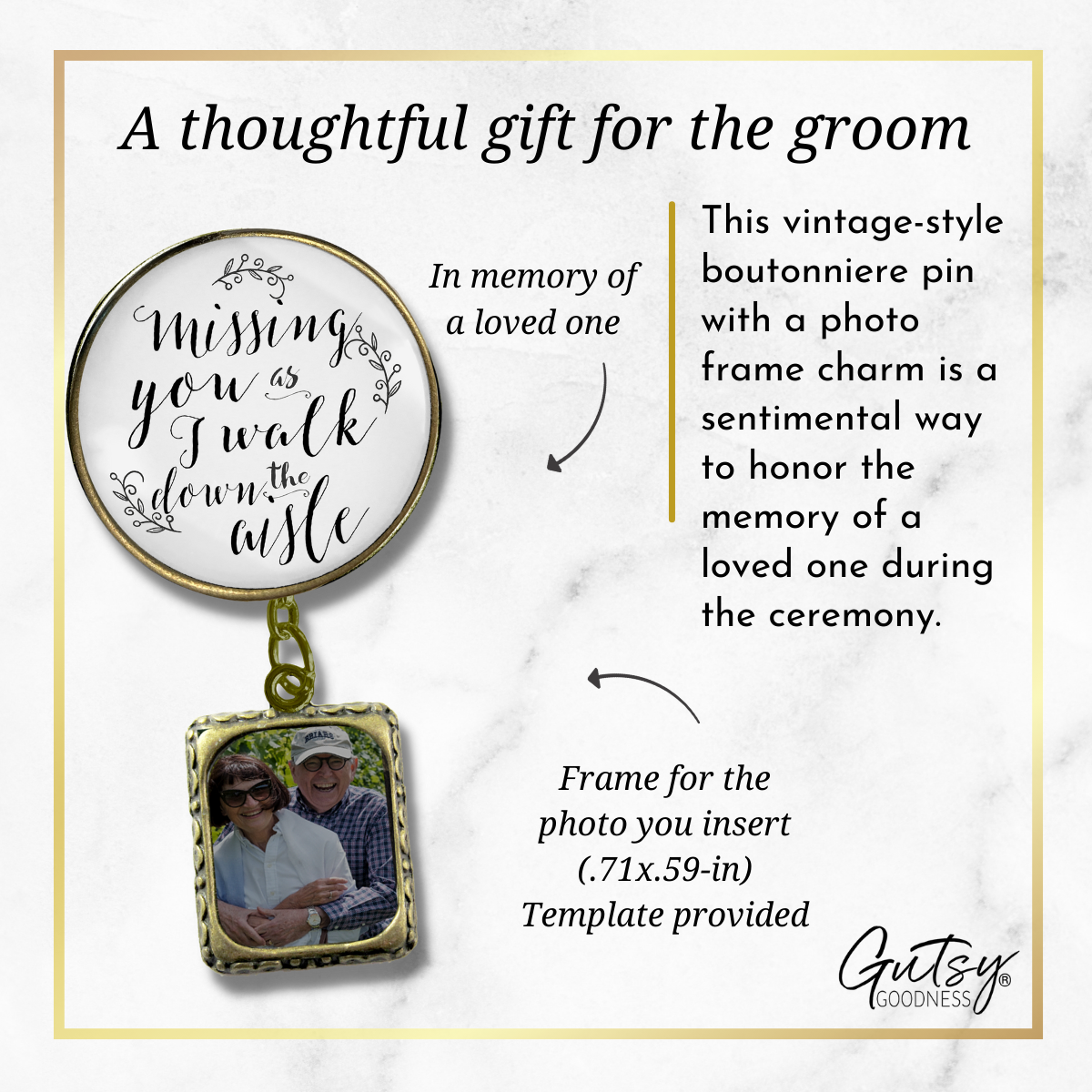 Wedding Memorial Boutonniere Pin Photo Frame Missing You Today Vintage White For Men - Gutsy Goodness