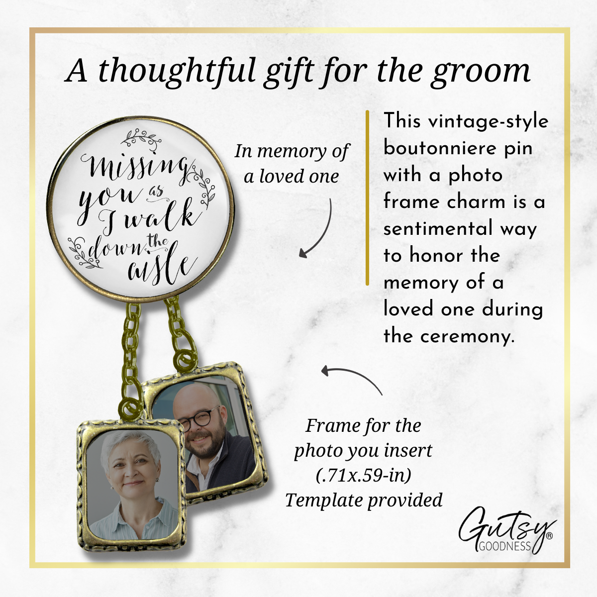 Wedding Memorial Boutonniere Pin Photo Frame Missing You Today Vintage White For Men 2 Frames - Gutsy Goodness