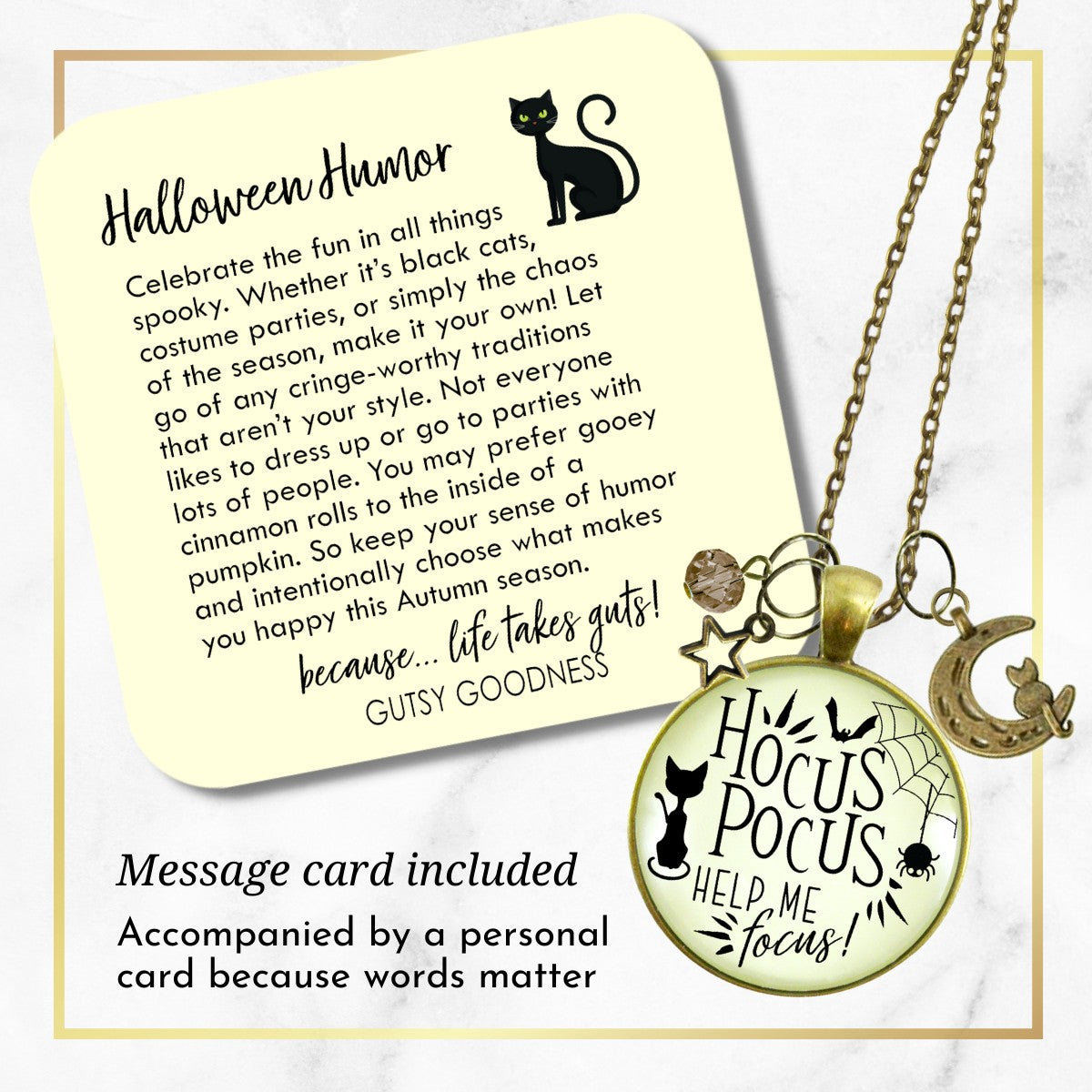 Hocus Pocus Necklace Help Me Focus Funny Halloween Spider Black Cat Jewelry for Women Costume Fashion Book Charm  Necklace - Gutsy Goodness Handmade Jewelry