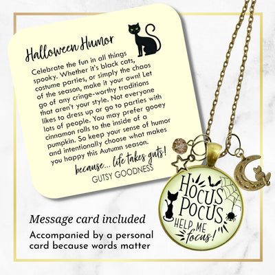 Hocus Pocus Necklace Help Me Focus Funny Halloween Spider Black Cat Jewelry for Women Costume Fashion Book Charm  Necklace - Gutsy Goodness Handmade Jewelry