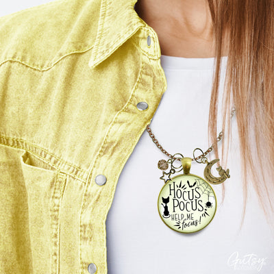 Hocus Pocus Necklace Help Me Focus Funny Halloween Spider Black Cat Jewelry for Women Costume Fashion Book Charm  Necklace - Gutsy Goodness Handmade Jewelry
