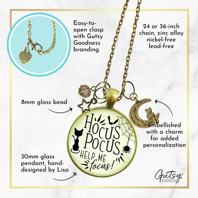 Hocus Pocus Necklace Help Me Focus Funny Halloween Spider Black Cat Jewelry for Women Costume Fashion Book Charm  Necklace - Gutsy Goodness Handmade Jewelry