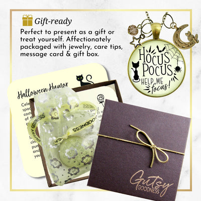 Hocus Pocus Necklace Help Me Focus Funny Halloween Spider Black Cat Jewelry for Women Costume Fashion Book Charm  Necklace - Gutsy Goodness Handmade Jewelry