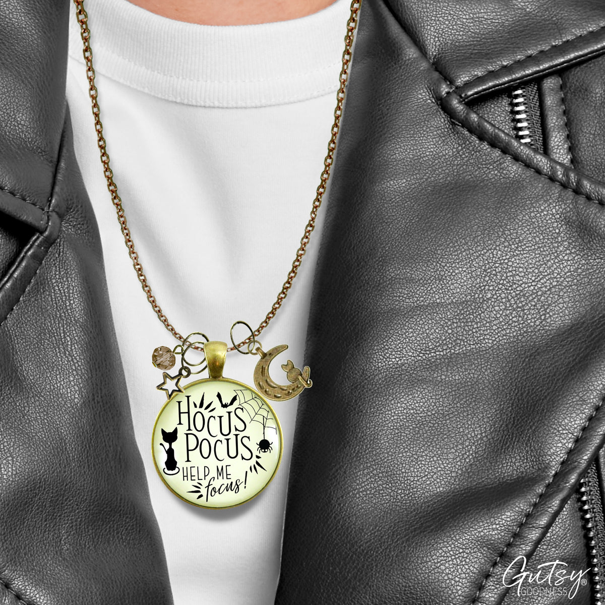 Hocus Pocus Necklace Help Me Focus Funny Halloween Spider Black Cat Jewelry for Women Costume Fashion Book Charm  Necklace - Gutsy Goodness Handmade Jewelry