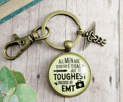 Mens EMT Keychain All Men Created Equal Toughest Become EMT Jewelry Gift Caduceus Charm - Gutsy Goodness Handmade Jewelry