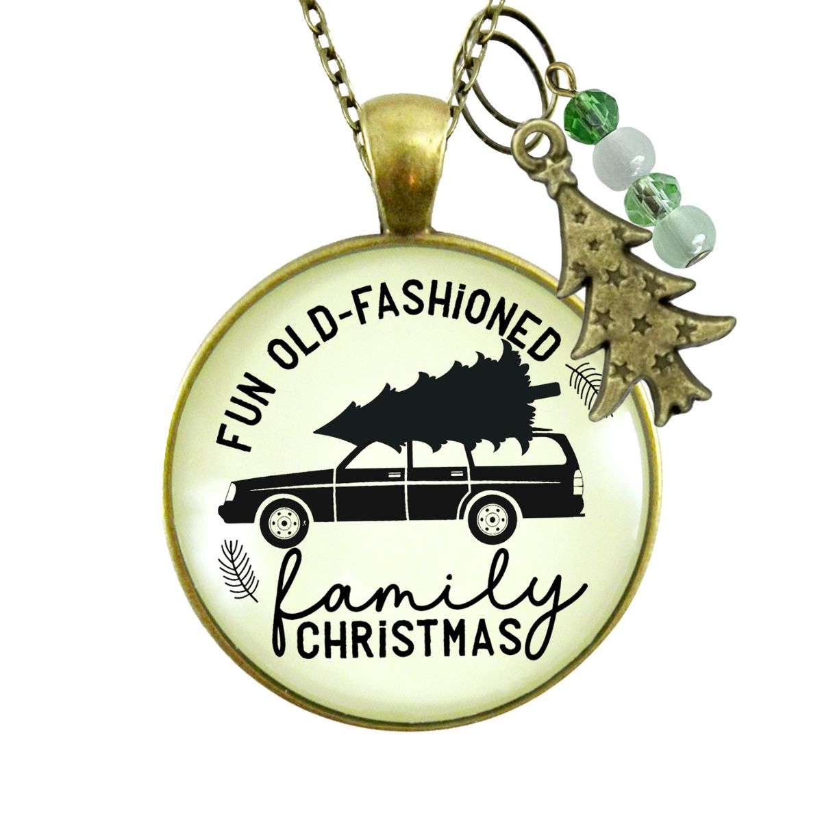 Family Christmas Necklace Fun Old Fashioned Holiday Tree Charm Handmade Car Tree Farm Pendant