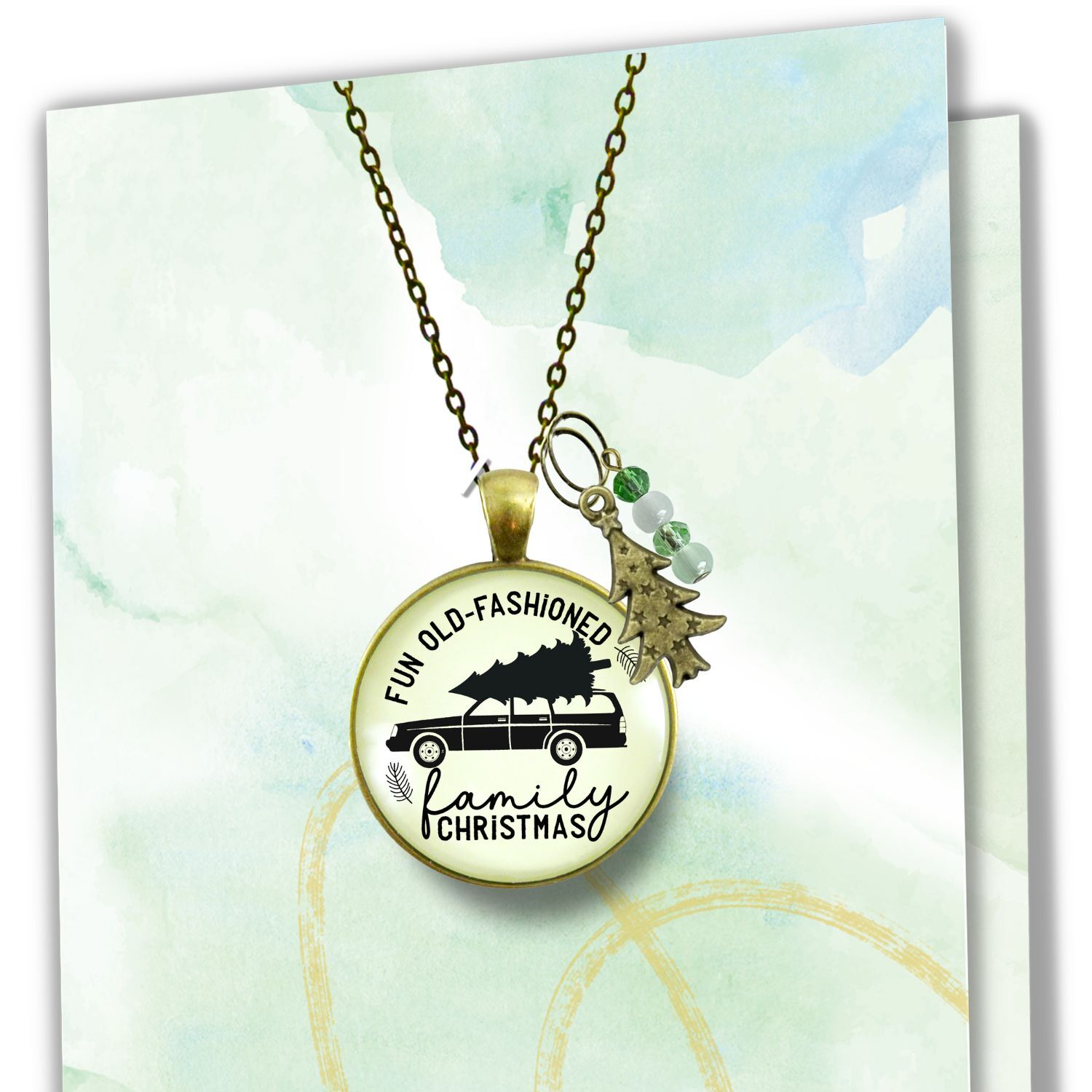 Family Christmas Necklace Fun Old Fashioned Holiday Tree Charm Handmade Car Tree Farm Pendant