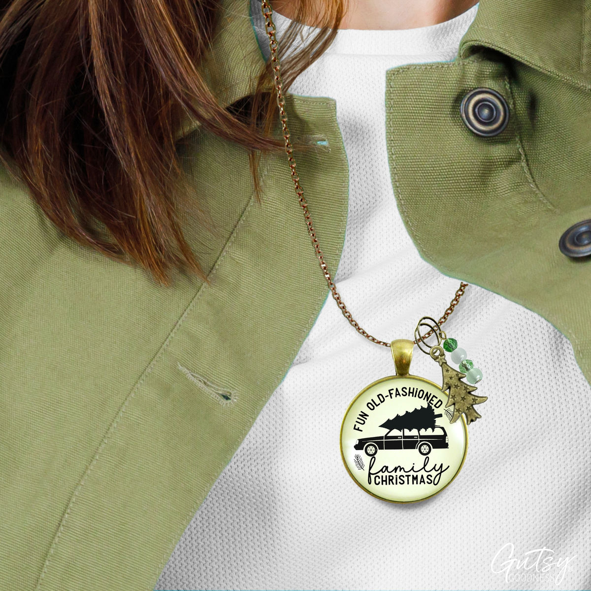 Family Christmas Necklace Fun Old Fashioned Holiday Tree Charm Handmade Car Tree Farm Pendant