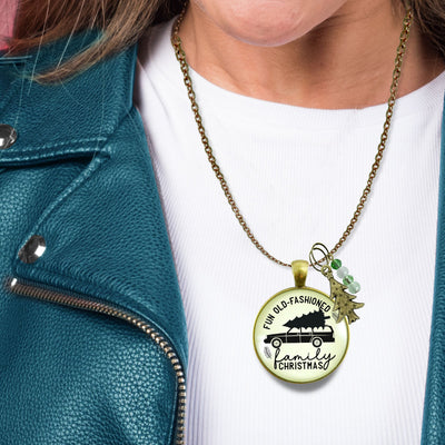 Family Christmas Necklace Fun Old Fashioned Holiday Tree Charm Handmade Car Tree Farm Pendant