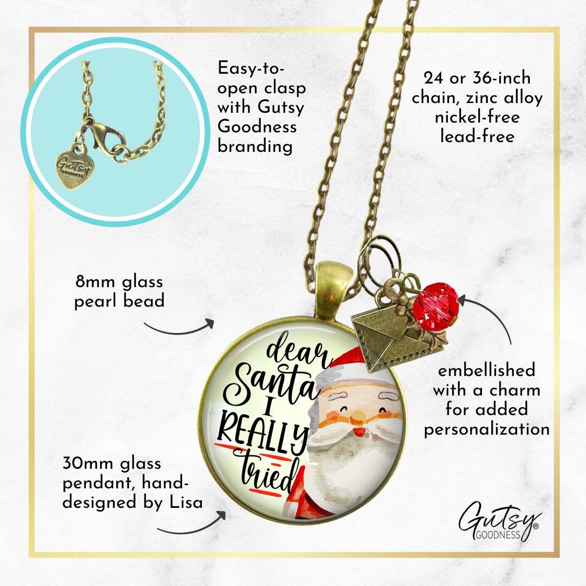 Dear Santa Necklace Funny I Tried Holiday Christmas Pendant Handmade Jewelry Letter Holly Charms  Necklace - Gutsy Goodness Handmade Jewelry